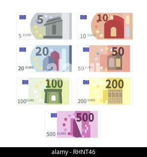 Set di grandi dimensioni di diverse banconote in euro. Cinque, dieci, venti e cinquanta, cento, due centinaia e centinaia di cinque cupures isolato su bianco Illustrazione Vettoriale