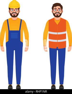 Happy builder, uomo barbuto vestito in uniforme di costruzione, costruzione di giubbotto e casco, personaggio in stile cartoon Illustrazione Vettoriale