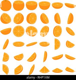 Orange icon set, le parti e le fette di arancia, di agrumi su sfondo bianco Illustrazione Vettoriale