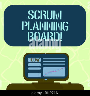 La grafia la scrittura di testo Scrum scheda Pianificazione. Concetto significato display visivo per il progresso del team Scrum montato sullo schermo del computer con la linea Grap Foto Stock