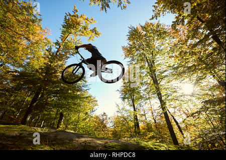 Basso angolo vista di atleta ciclista salto sulla bicicletta di prova, professional rider rendendo trucco acrobatico sul grosso masso nella foresta in estate giornata di sole. Concetto di sport estremo che uno stile di vita attivo Foto Stock