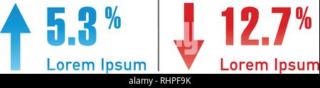 Blu e rosso per cento la freccia in su e in giù. Percentuale, freccia, riduzione. Concetto bancario. Può essere utilizzato nelle presentazioni, web ui, relazioni, pubblicazioni. V Illustrazione Vettoriale