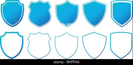 Set di blu piatte scudi con contorni. Illustrazione di vettore isolato su bianco Illustrazione Vettoriale
