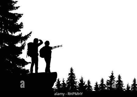 Illustrazione realistica di una silhouette di due turisti, uomini e donne con zaini. Sorge sulla baia di montagna e guarda verso la valle Illustrazione Vettoriale