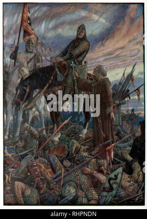 Guglielmo i a Hastings. Di Henry Justice Ford (1860-1941). La battaglia di Hastings fu combattuta il 14th ottobre 1066 tra l'esercito normanno-francese di Guglielmo il Conquistatore e un esercito inglese sotto il re anglosassone Harold Godwinson. Fu una vittoria normanna decisiva e iniziò la conquista normanna dell'Inghilterra. Harold morì sul campo di battaglia. Foto Stock