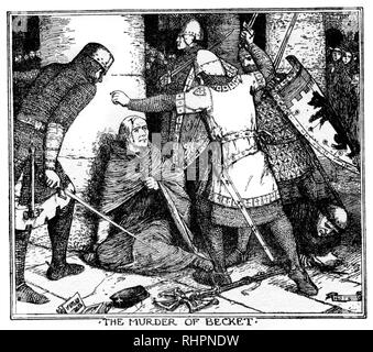 L'assassino di Becket. Di Henry Justice Ford (1860-1941). Thomas Becket, noto anche come San Tommaso di Canterbury, Thomas di Londra e Thomas à Becket (C1119–1170), fu arcivescovo di Canterbury dal 1162 fino al suo assassinio nel 1170. È venerato come santo e martire sia dalla Chiesa cattolica che dalla comunione anglicana. Si impegnò in conflitto con Enrico II, re d'Inghilterra, per i diritti della Chiesa e fu assassinato dai seguaci del re nella Cattedrale di Canterbury. Foto Stock