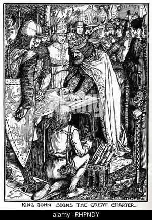 Re Giovanni firma la Grande carta. Di Henry Justice Ford (1860-1941). Re Giovanni (1166-1216), conosciuto anche come John Lackland, fu re d'Inghilterra dal 1199 al 1216. La rivolta baronale alla fine del regno di Giovanni portò al suggellamento della Magna carta. Foto Stock