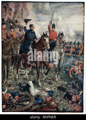 Waterloo, 7pm, 18th giugno 1815. Di Henry Justice Ford (1860-1941). La battaglia di Waterloo fu combattuta domenica 18 giugno 1815 nei pressi di Waterloo in Belgio. Un esercito francese sotto il comando di Napoleone Bonaparte fu sconfitto da un esercito a guida britannica sotto il comando del duca di Wellington, e da un esercito prussiano sotto il comando del maresciallo di campo Blücher. La battaglia segnò la fine delle Guerre Napoleoniche. Foto Stock