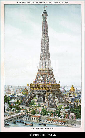 Vintage1889 Torre Eiffel poster per "Exposition Universelle", 1889. Litografia di colore storica Parigi Francia Exposition Universelle di 1889 era una fiera mondiale tenutasi a Parigi, Francia, dal 6 Maggio al 31 ottobre 1889. Essa si è svolta durante l anno del centesimo anniversario della presa della Bastiglia, un evento considerato il simbolo di inizio della rivoluzione francese. Foto Stock