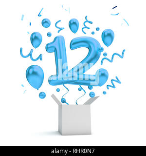 Felice dodicesimo compleanno sorpresa blu palloncino e box. Il rendering 3D Foto Stock