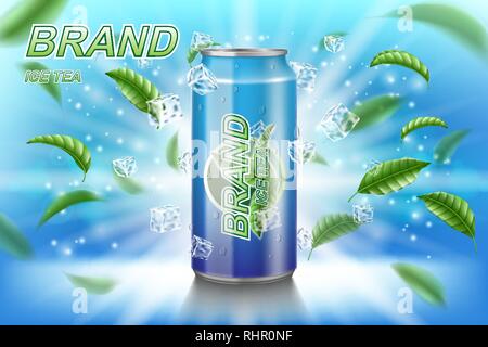 Ice Tea label annunci con foglie verdi su sfondo blu. Pacchetto Tè design drink con cubetti di ghiaccio per un poster o un banner. Alluminio realistico possibile mock up Illustrazione Vettoriale