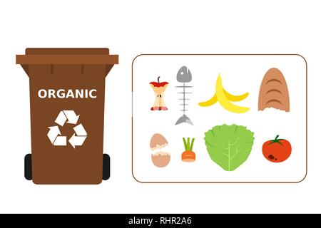 Brown cestino con i rifiuti organici adatti per il riciclaggio. Il riciclaggio dei rifiuti organici, compost, separare i rifiuti, rifiuti di smistamento, eco friendly, concetto. Illustrazione Vettoriale