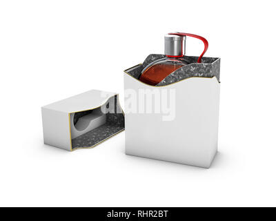 Bottiglia di profumo in bianco e nero casella su sfondo bianco. Concetto di nuovo profumo di promozione. Il rendering 3d. Foto Stock