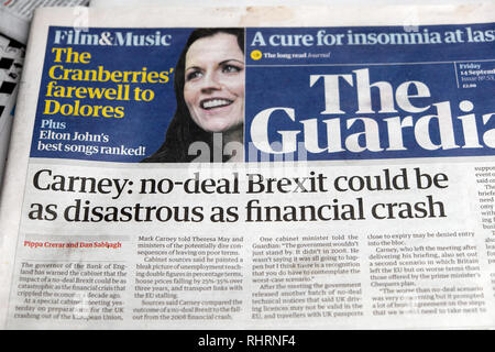 "Carney' no-deal Brexit potrebbe essere così catastrofica come crollo finanziario anteriore' intestazione della pagina nel quotidiano Guardian Londra Inghilterra Settembre 2018 Foto Stock
