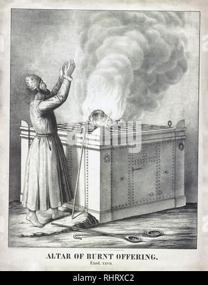 Stampa mostra un sacerdote in piedi di fronte a un altare di grandi dimensioni con una griglia sulla parte superiore, sul quale una ram la testa viene consumata dalle fiamme. Foto Stock