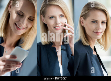 Collage di bionda e giovane imprenditrice parlando sullo smartphone al lavoro in ufficio Foto Stock