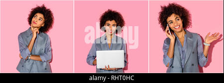 Collage di giovane americano africano imprenditrice a pensare con laptop e parlando su smartphone su sfondo rosa Foto Stock