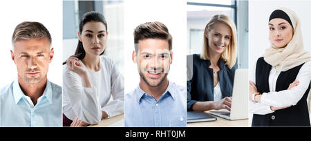 Collage di ritratti di uomini belli su sfondo bianco e imprenditrici al lavoro in ufficio Foto Stock