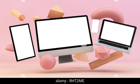 Dispositivi di galleggiamento su abstract sfondo rosa il rendering 3D Foto Stock