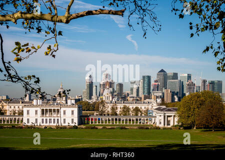 Panorma del London visto da Greenwich Royal Park Foto Stock