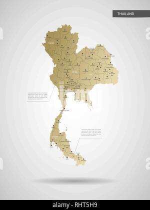 Vettore stilizzata della Thailandia mappa. Una infografica 3d oro illustrazione mappa con le città, le frontiere, il capitale e le divisioni amministrative e il puntatore di marchi, ombra; Illustrazione Vettoriale