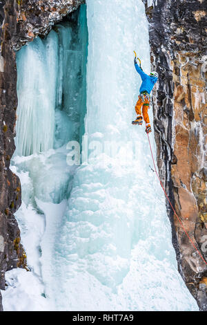 David matasse leader del vano ascensore in Hyalite Canyon vicino a Bozeman MT Foto Stock