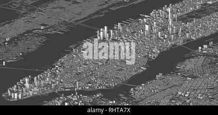 Vista dal satellite della città di New York, mappa, gli edifici 3D, rendering 3d. Strade e grattacieli di Manhattan Foto Stock