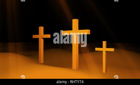 Tre croci cristiane sono sul terreno e raggi solari, risurrezione Pasqua arte concettuale, 3D render Foto Stock