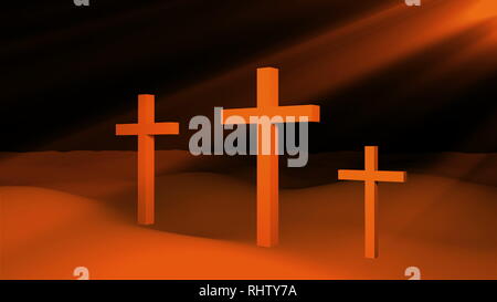 Tre croci cristiane sono sul terreno e raggi solari, risurrezione Pasqua arte concettuale, 3D render Foto Stock