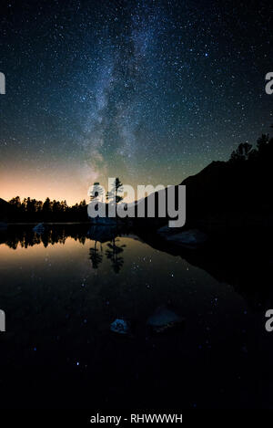 Isola con alberi in acqua di lago di Saoseo con la via lattea e nightsky Foto Stock