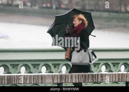 Londra REGNO UNITO. 4° febbraio 2019. Pedoni sul Westminster Bridge in lotta con il bagnato e condizioni ventose in una fredda giornata invernale in London Credit: amer ghazzal/Alamy Live News Foto Stock