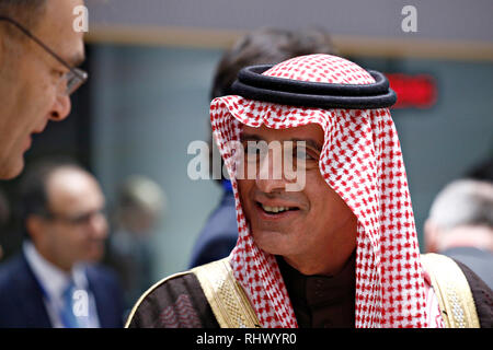 Bruxelles, Belgio. 4° febbraio 2019. Arabia Saudita il Ministro degli Esteri Adel al-Jubeir assiste in quinta UE-Lega degli Stati Arabi (LAS) Riunione ministeriale. Alexandros Michailidis/Alamy Live News Foto Stock