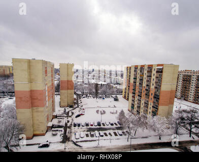 Lodz, Polonia. 4 febbraio 2019. Una ripresa aerea di Lodz nella neve. Foto Stock