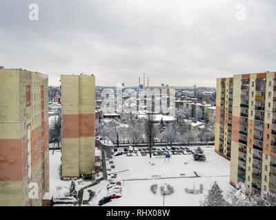 Lodz, Polonia. 4° febbraio 2019. Veduta aerea di Lodz nella neve. Foto Stock