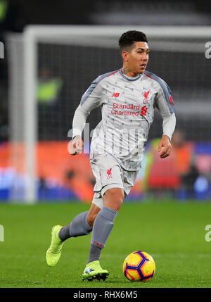 Londra, Regno Unito. 4 febbraio 2019. Roberto Firmino di Liverpool - West Ham United v Liverpool, Premier League, London Stadium, Londra (Stratford) - 4° febbraio 2019 solo uso editoriale - DataCo restrizioni si applicano Credito: Giornata immagini limitata/Alamy Live News Foto Stock