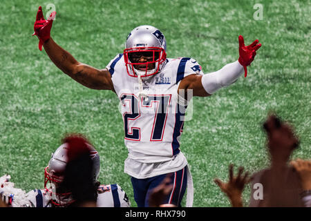 New England Patriots defensive back J.C. Jackson (27) durante il Super Bowl LIII tra il Los Angeles Rams e il New England Patriots domenica 3 febbraio 2019 al Mercedes-Benz Stadium di Atlanta, GA. Giacobbe Kupferman/CSM Foto Stock