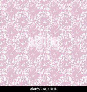 Seamless pattern rosa con corone di fiori e uccelli. Foto Stock