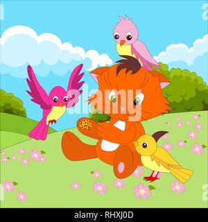 Cute cat personaggio dei fumetti con gli uccelli a mangiare da una mano sullo sfondo di un cartone animato paesaggio all'aperto, prati Foto Stock