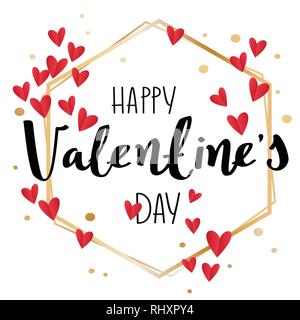 Poligono di oro con cuori di carta e il testo scritto a mano. Felice giorno di San Valentino illustrazione. Illustrazione Vettoriale