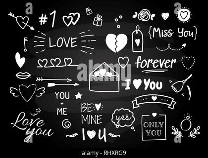 Vettore collezione con il cuore, Busta, tasto freccia, caratteri di testo. Set di disegnati a mano doodle amore elementi per il giorno di San Valentino card. Illustrazione Vettoriale