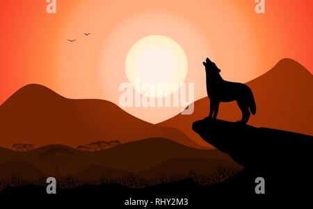 Lupo urlando al tramonto si erge su una roccia Illustrazione Vettoriale