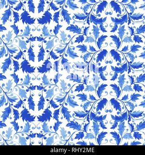 Tradizionale portoghese blu piastrella Azulejo ornamento, vettore Seamless Pattern con foglie, Riccioli e fogliame stilizzato. Illustrazione Vettoriale