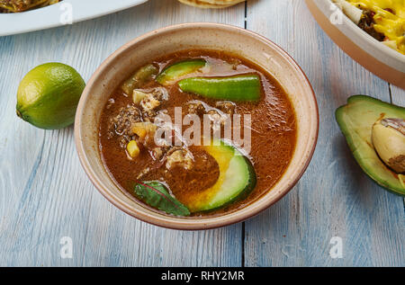Tex-Mex Ultimate Premnoplex zuppa, Premnoplex zuppa, cucina tex-mex e tradizionali piatti assortiti, vista dall'alto. Foto Stock