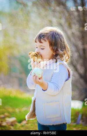 Il bambino tiene un pollo nelle sue mani. Foto Stock