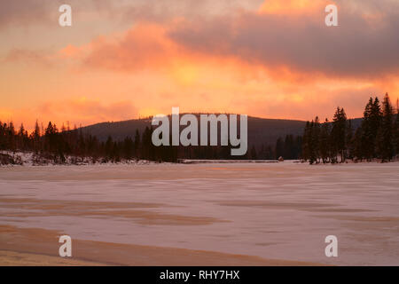 Tramonto su un lago innevato nella foresta. Paesaggio invernale in bellissimi colori pastello, lago Oderteich, Parco Nazionale di Harz, Bassa Sassonia, Germania. Foto Stock