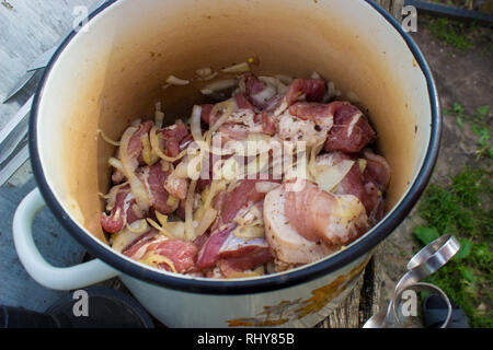 La carne è ben cotta alla griglia. Messa a fuoco selettiva. Foto Stock