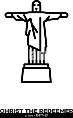 Statua del Cristo Redentore a Rio de Janeiro, Brasile, vettore icona linea. Punto di riferimento internazionale e simbolo del turismo. Illustrazione Vettoriale