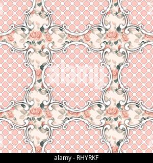 Seamless pattern barocca con le rose rosa Foto Stock