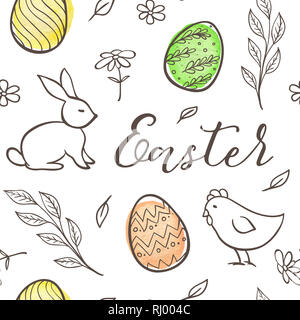 Disegnata a mano doodle Pasqua pattern senza soluzione di continuità con le uova, la carne di pollo e coniglio su uno sfondo bianco. Foto Stock