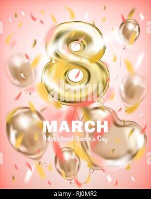 8 Marzo, International Womans giorno. Lamina dorata palloncino otto sullo sfondo rosa Illustrazione Vettoriale
